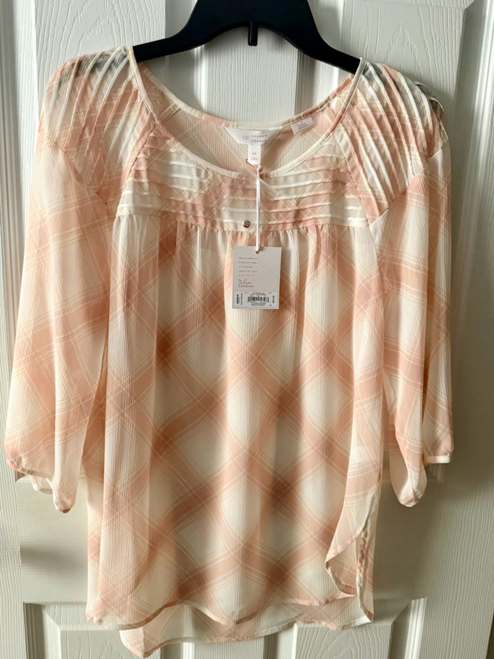 LC Lauren Conrad Peach and Cream Plaid Peasant Blouse